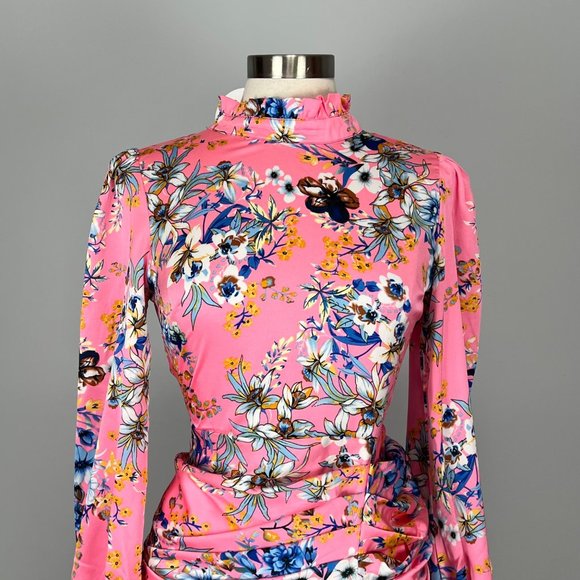 Boohoo Floral Print High Neck Ruched Midi Dress Blush Pink Satin size 10 - Picture 6 of 16